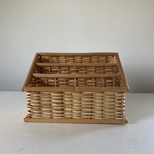 Vintage rattan desktop organizer woven wicker caddy entryway mail organizer 70s boho home decor