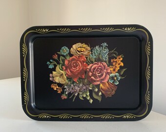 Vintage black floral toleware tray / mid century tole serving tray /  grand millenial kitchen decor table styling