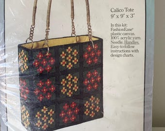 Vintage 1970s Caron Needlepoint Calico tote craft kit/ craft gift