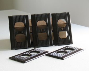 Vintage Reliance Bakelite Outlet Covers / Dark Brown Art Deco duplex electrical / fine ribbed old house parts