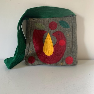 Vintage Handmade Felted and Recycled Wool Shoulder Bag / Fold art Distelfink decorated handmade bag