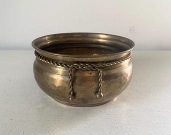 Vintage brass planter with tie/ 1980s cache pot