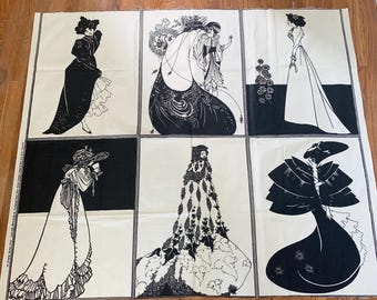 Vintage Aubrey Beardsley Art Noveau 1960s  Bloomcraft fabric panel / female figure illustrations / decorator fabric wall hanging