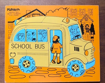 Vintage 1970s Playskool wooden tray puzzle / school bus / colorful childrens learning puzzle