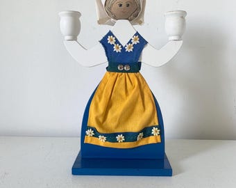 Vintage Swedish woman wood candelabra / Sweden lady candle holder  / hygge