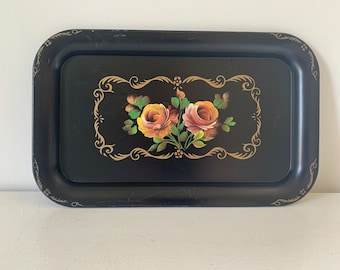 Vintage black floral toleware tray / mid century tole serving tray /  grand millenial gallery wall decor table styling