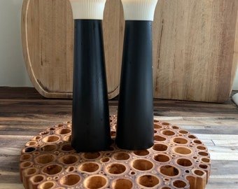 Vintage atomic plastic Salt and Pepper Shakers / tall black and white mid century 1960s retro mod kitchenware tableware decor