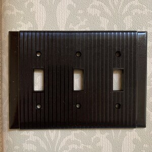 Vintage Bakelite Switch Plate Covers / Brown Art Deco triple Light Switch Cover ribbed fine line old house parts image 1