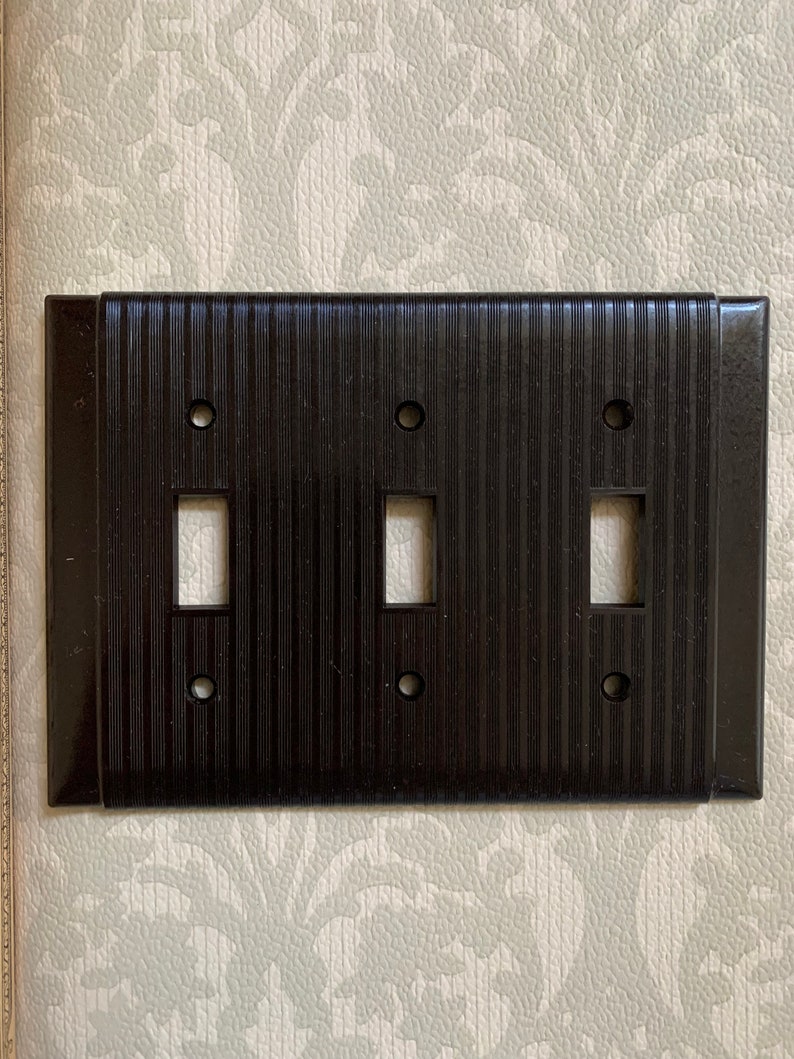 Vintage Bakelite Switch Plate Covers / Brown Art Deco triple Light Switch Cover ribbed fine line old house parts image 1