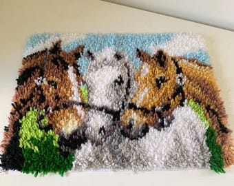 Vintage horses latch hook wall hanging / retro 70s tapestry / horse lover gift / equestrian home decor