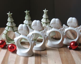 Vintage ceramic angel and Christmas tree napkin rings / 1980s retro holiday tableware / sentimental boho Christmas table decor