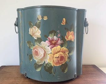 Vintage 1940s metal floral tole painted waste basket or trash can