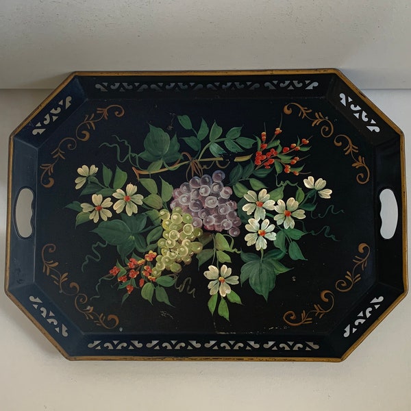 Vintage black floral toleware tray / mid century punched metal tole serving tray /  colorful detailed flowers kitchen decor table styling