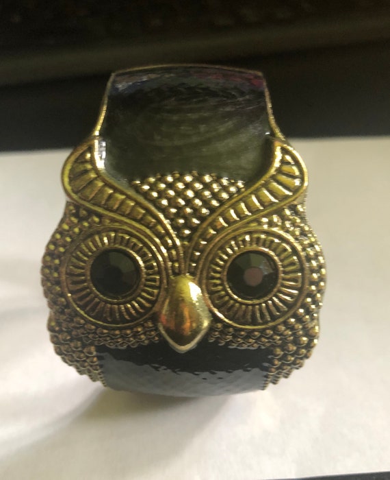 Vtg Owl Hinged Cuff Bracelet Black Enamel Gold Met