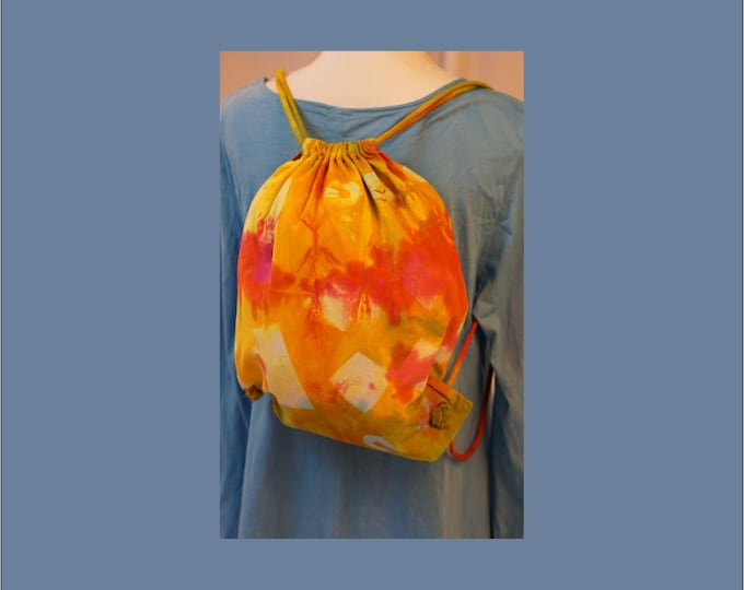 Hand Dyed Shibori Backpack Drawstring Yellow Pink Boho Bag