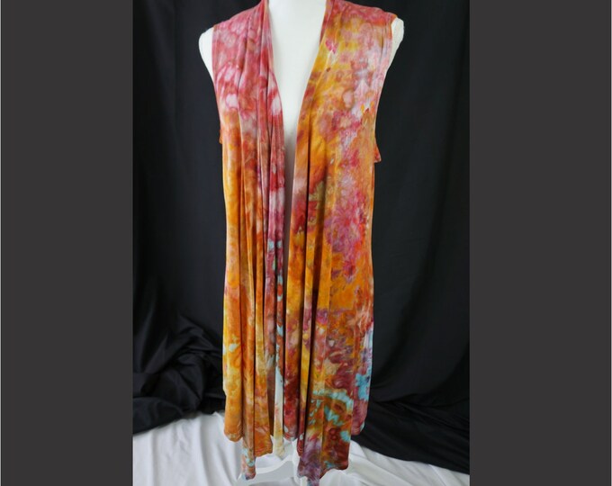 Hand Ice Dyed Sleeveless Cardigan Long Waterfall Vest XL Boho Summer Orange Pink Original Art