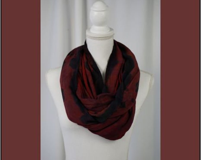 Hand Dyed and Painted Eternity Scarf in colors of Reds, Orange , Browns and Black