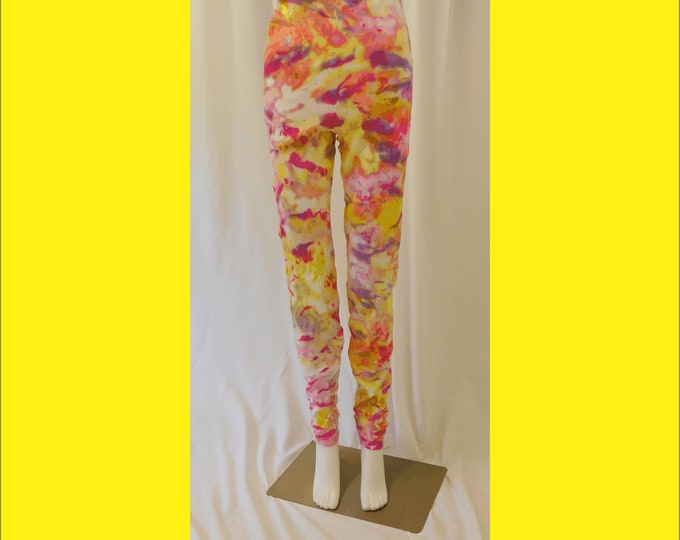 Hand Dyed Leggings Multicolored L Pink Yellow Yoga Hippie