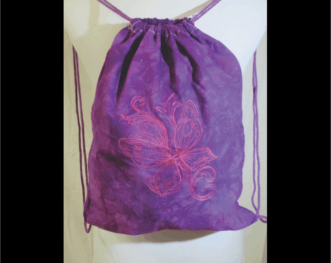 Hand Dyed Embroidered Backpack Drawstring Purple Butterfly Bag