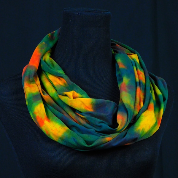 Hand Dyed Shibori Itajime Eternity Scarf Yellow Red Dark Green Boho