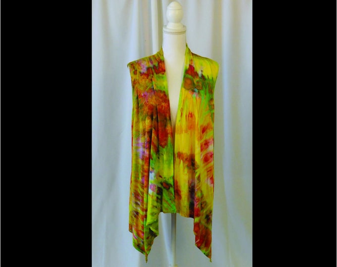 Hand Dyed Sleeveless Cardigan Adult XL Open  Front Yellow Boho Asymmetric Hem