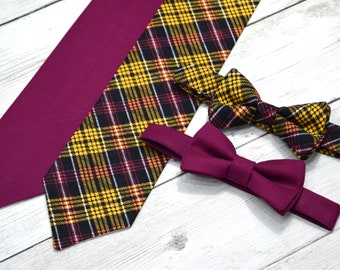 Mens necktie, wedding neckties, groomsmen bow tie, ring bearer outfit, wine wedding necktie, bordeaux necktie, purple plaid necktie