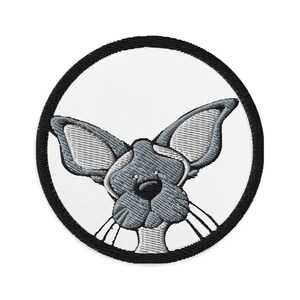 May include: A gray cartoon mouse with large ears peeking out of a black circle. The mouse has a white background.