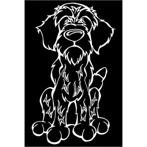 May include: A white line drawing of a dog on a black background. The dog is sitting, facing forward, with a fluffy coat, floppy ears, and a prominent nose. The style is cartoonish and simple, suitable for stickers or prints.