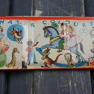 Vintage Finest Water Colours Child's Paint Set Lithograph Tin Made in England 1960's / Empty / Circus Carnival