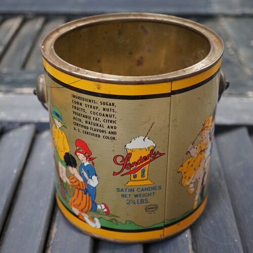Vintage Candy Tin / Advertisement / Sander's Satin shops Candy Tin / Artist Gift / Children Playing Candy Pail / Mid Century / Studio