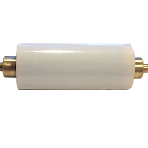 May include: A cylindrical white object with brass-colored end caps. The object is a light bulb, designed for use in a lamp or fixture. The ends have a small, rounded protrusion.
