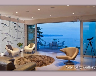 Arte de pared de ondas de metal, separador de ambientes colgante, ondas