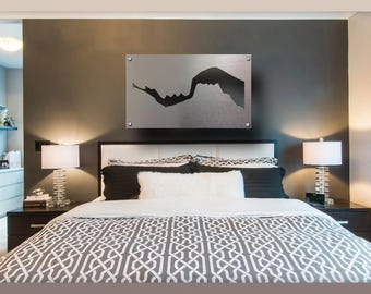 Gran arte mural abstracto de aluminio cepillado, escultura moderna de metal, "Cuando dos se convierten en uno"