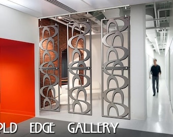Biombo metálico con curvas abstractas, biombo colgante artístico, obra de arte grande