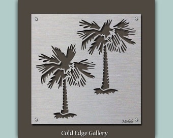 Arte de pared de metal con palmeras, decoración playera moderna