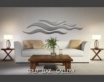Gran arte mural abstracto de aluminio cepillado, escultura metálica moderna, ondas