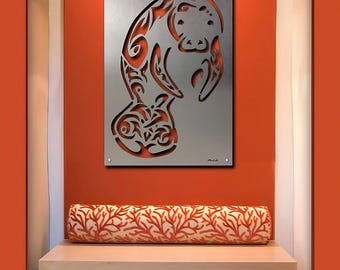 Arte de pared de metal de manatí, decoración de casa de playa