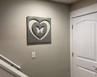 Gran arte mural abstracto de aluminio cepillado, escultura de metal moderna, mariposa amorosa