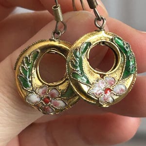 Hängeohrringe-Cloisonné Ohrringe-Gold Ohrstecker-Vintage Ohrringe-Freundin Geschenk für sie-Herz Schmuck-Liebe Schmuck Ohrringe-großer Ohrring