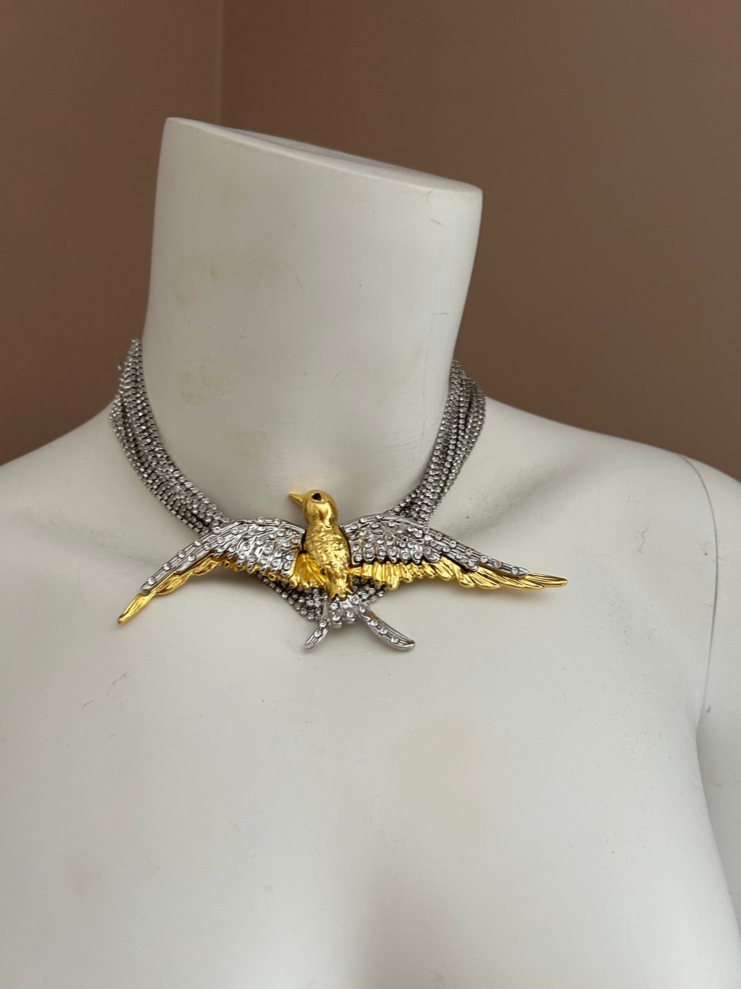 bird-choker-necklace-two-tone-jewelry-birthday-gift-bird-jewelry