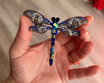 DRAGONFLY BROOCH, dragonfly jewelry, blue dragonfly, spiritual jewelry, gift for her, rhinestone brooch, anniversary gift