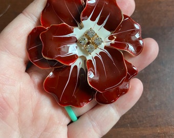 RED FLORAL vintage brooch, Flower jewelry brooch, anniversary gift for her, flower brooch, summer jewelry, tropical flower,rhinestone brooch