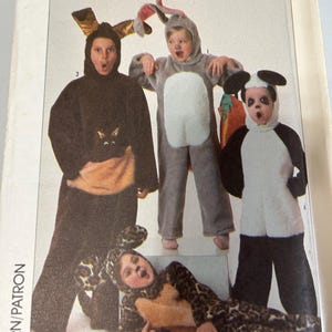 May include: Simplicity sewing pattern for children's animal costumes. The pattern includes instructions for a kangaroo, bunny, panda, and leopard costume. The costumes are shown in various colors, including brown, gray, black, white, and tan. The pattern size is 6-8.