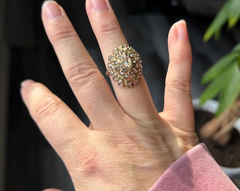 Vintage Rhinestone Filigree Ring, 1960s Gold Cocktail Ring, Size 5
