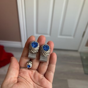SAPPHIRE September birthstone silver cufflinks-vintage suit accessory-textured cufflinks gift for groom