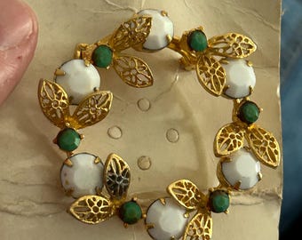1950s Milk Glass Scarf Pin Brooch, White Statement Rhinestone Jewelry