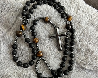 Vintage Rosenkranzkette, organische Perlen, Jesus-Christus-Kreuz, 45,7 cm