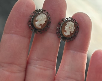 Brincos de camafeu laranja, estilo vintage em tom grafite, prata de lei 925