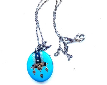 1880 blue enamel locket WITH PHOTOS, memorial locket, locket necklace, vintage locket, keepsake memorial jewelry, blue enamel Ashley3535