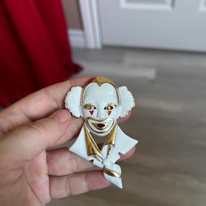 Broche vintage de palhaço, joia com máscara de máscara dourada
